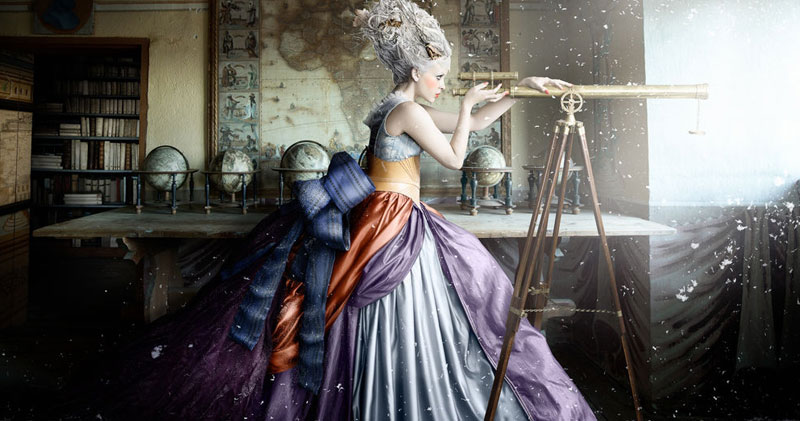 a photoshopped model in a beautiful dress looking through a telescope